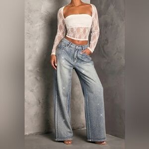 Elegant Rhinestone Embellished Wide Leg Jeans